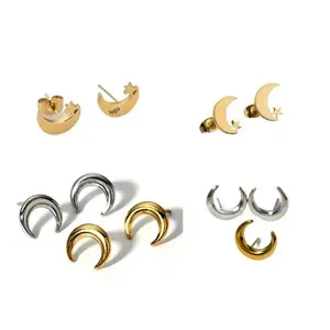 Moon and Star Shaped Titanium Stud Earrings Set
